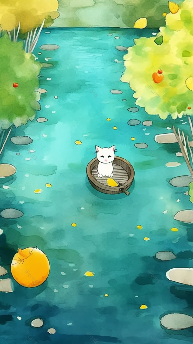 夏日荷塘上漂浮的木盆和小猫创意手绘插画,插画/手绘图,插画/手绘图库,插画/手绘图下载,插画/手绘